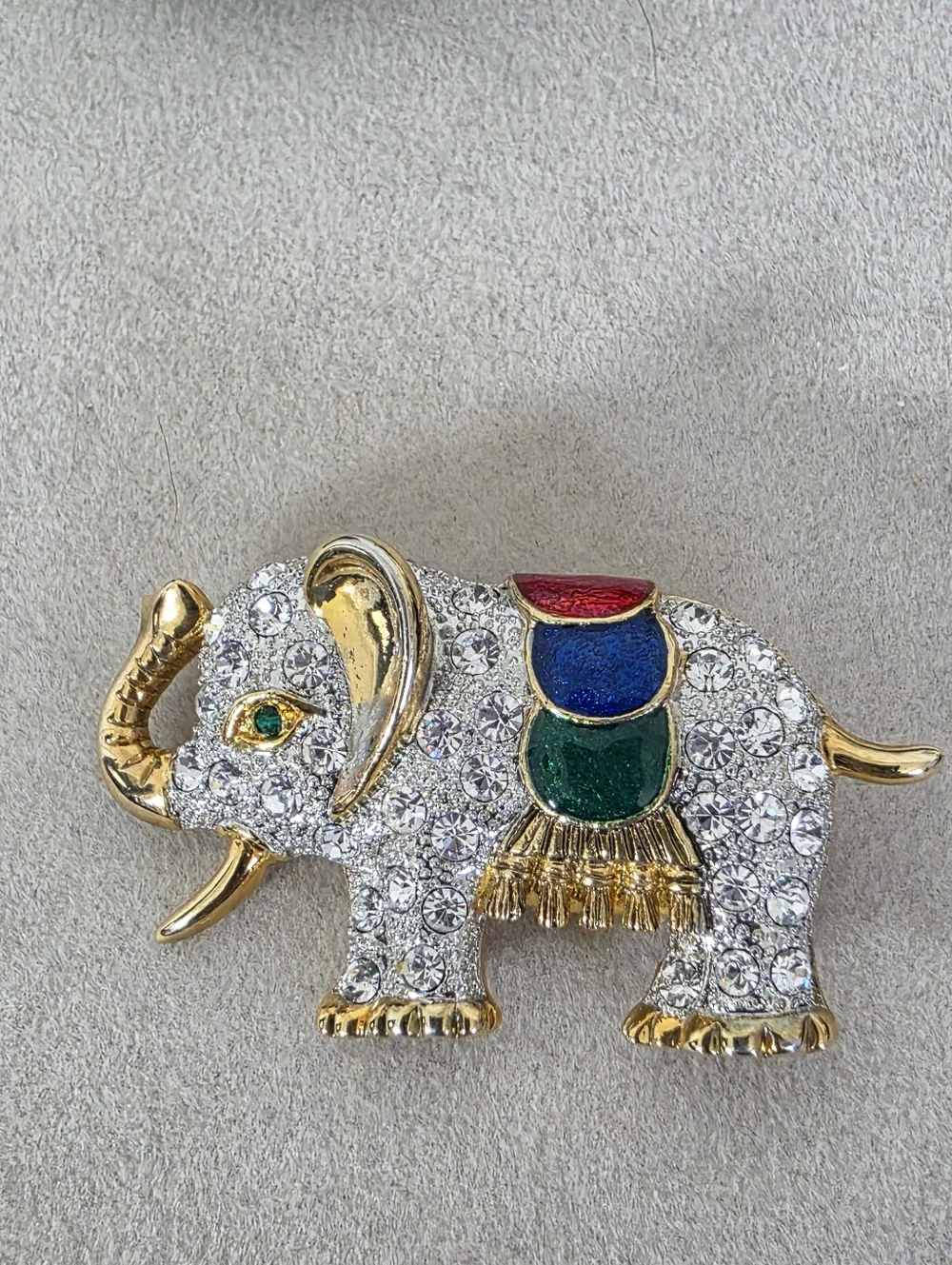 Vintage 80s Gold Elephant Brooch Pin with Enamel And Rhinestones